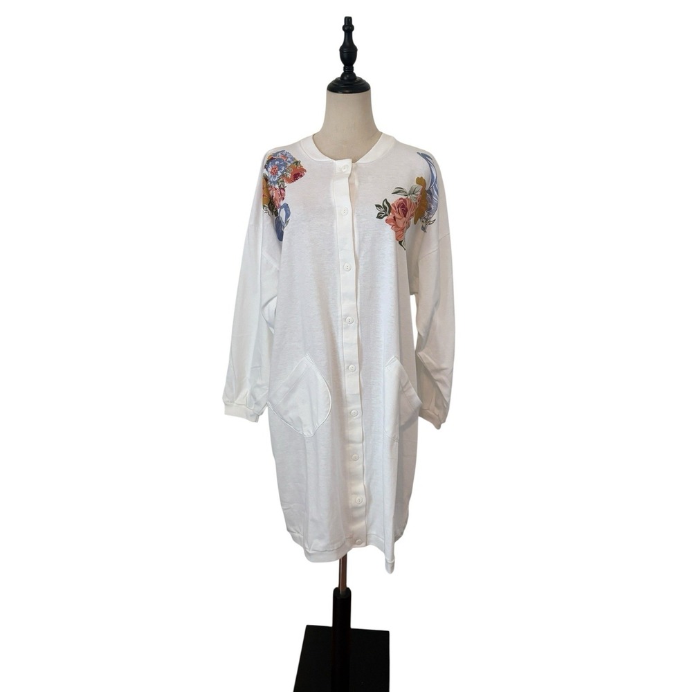 Vtg 90s Sportsgear White Floral Sweatshirt Dress's Oversized Sz M Grandmacore - Picture 2 of 9